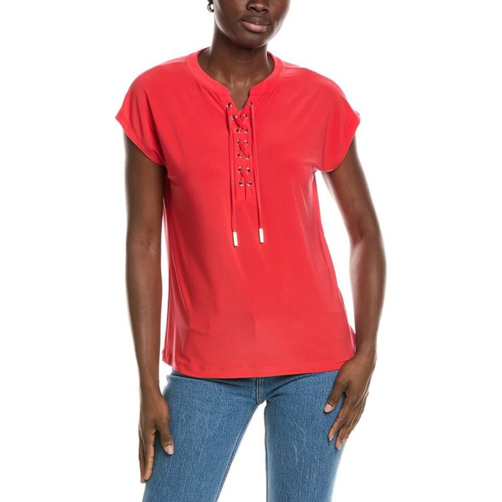 Jones New York Womens Extended Shoulder Lace-Up Top, Red